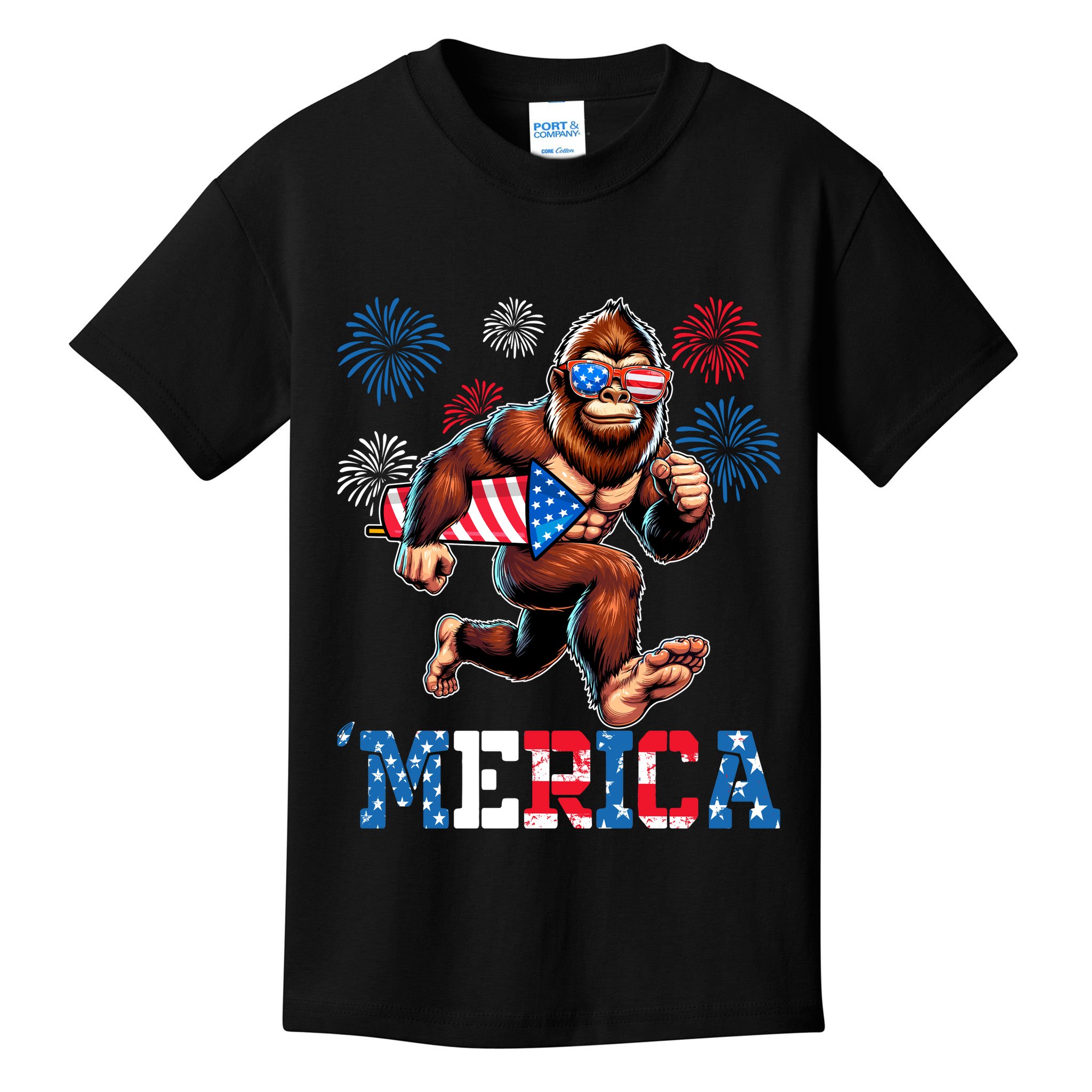 Bigfoot Fireworks 4th Of July Men Sasquatch American Flag Kids T-Shirt