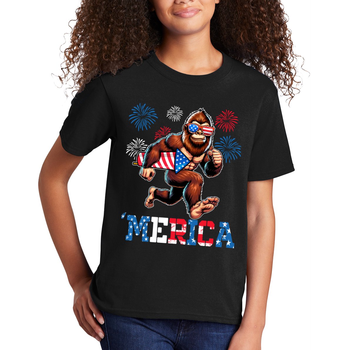 Bigfoot Fireworks 4th Of July Men Sasquatch American Flag Kids T-Shirt