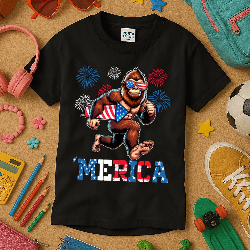 Bigfoot Fireworks 4th Of July Men Sasquatch American Flag Kids T-Shirt