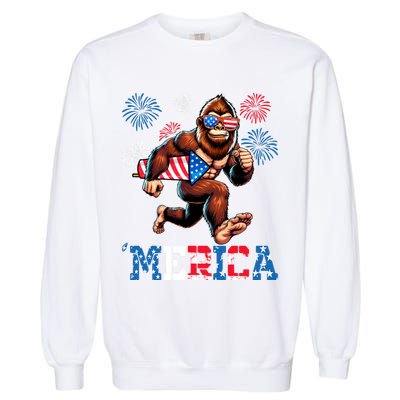 Bigfoot Fireworks 4th Of July Men Sasquatch American Flag Garment-Dyed Sweatshirt