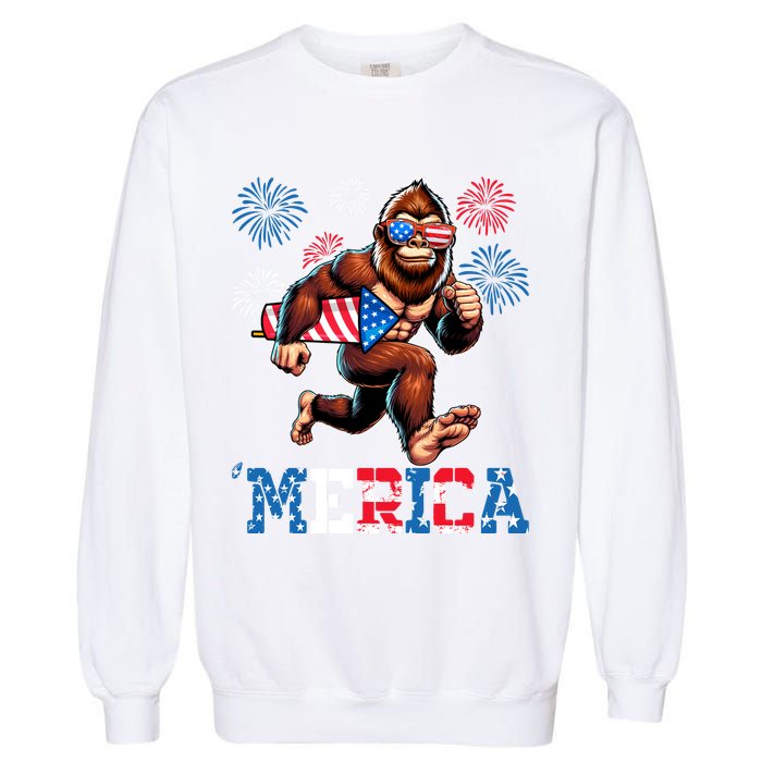 Bigfoot Fireworks 4th Of July Men Sasquatch American Flag Garment-Dyed Sweatshirt