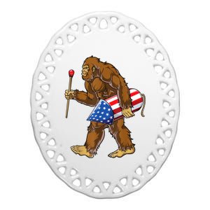 Bigfoot Fireworks 4th Of July Sasquatch American Flag Us Ceramic Oval Ornament