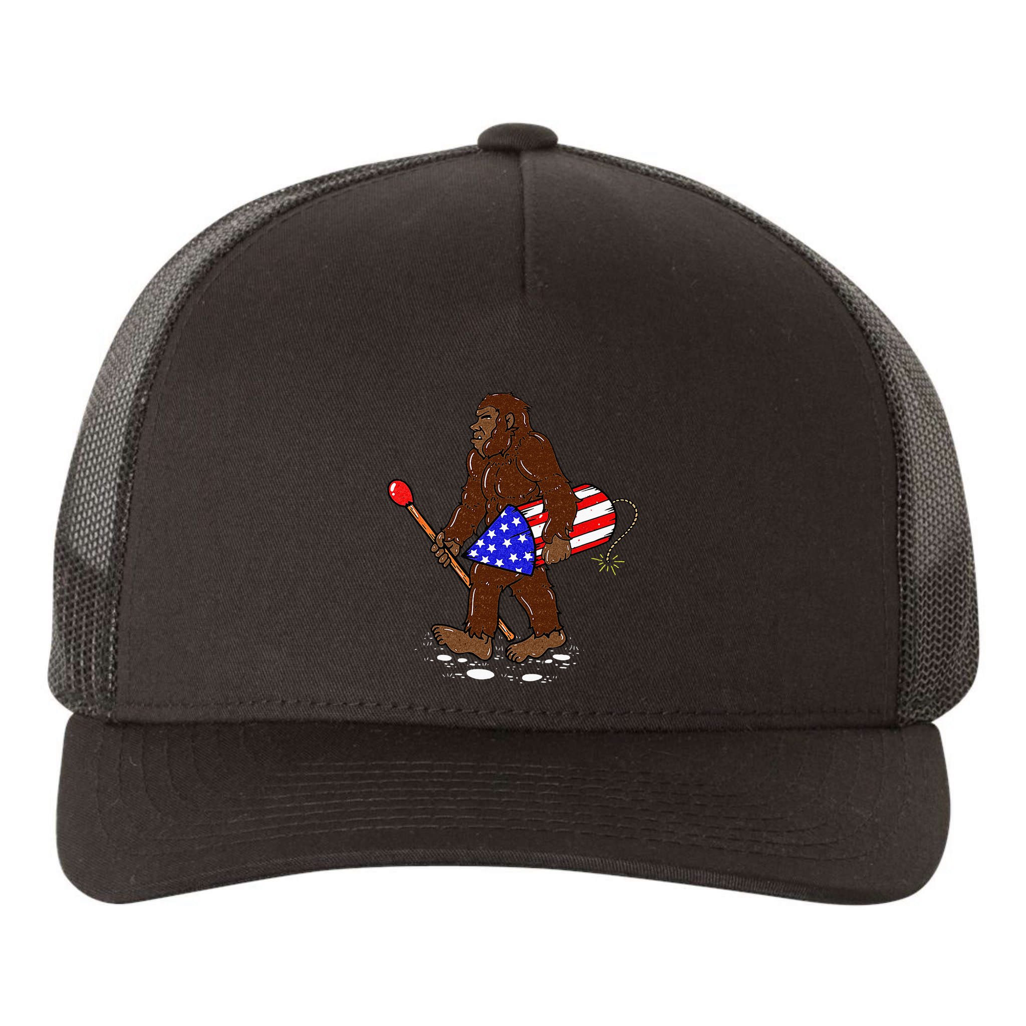Bigfoot Fireworks 4th Of July Funny Men Sasquatch Lover Yupoong Adult 5-Panel Trucker Hat