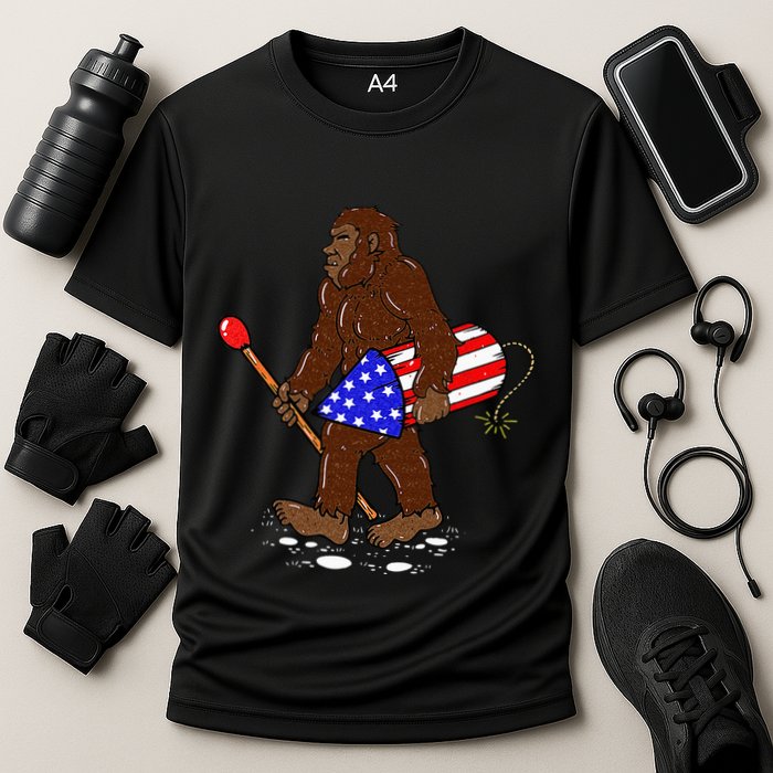 Bigfoot Fireworks 4th Of July Funny Men Sasquatch Lover Cooling Performance Crew T-Shirt