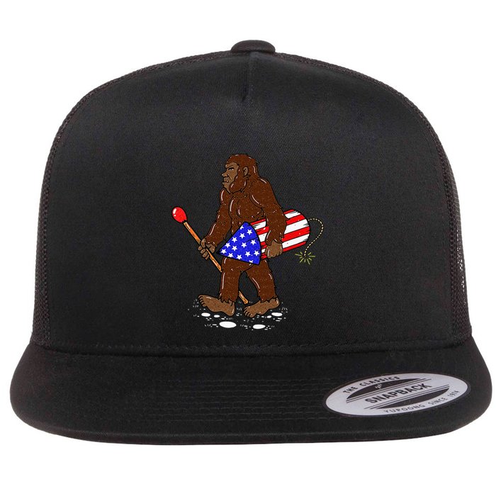Bigfoot Fireworks 4th Of July Funny Men Sasquatch Lover Flat Bill Trucker Hat