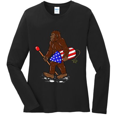 Bigfoot Fireworks 4th Of July Funny Men Sasquatch Lover Ladies Long Sleeve Shirt