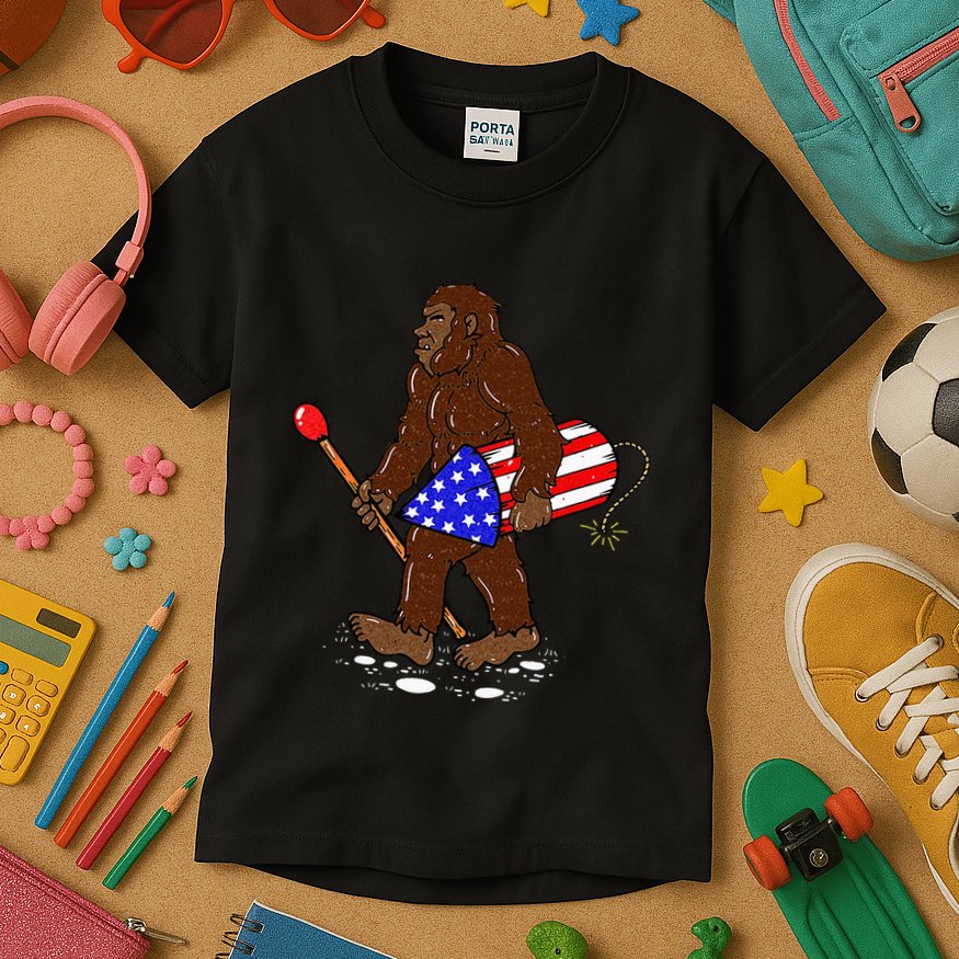 Bigfoot Fireworks 4th Of July Funny Men Sasquatch Lover Kids T-Shirt