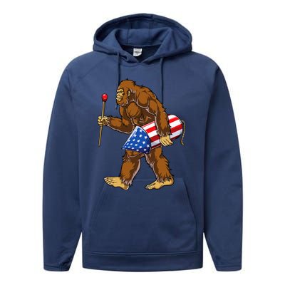 Bigfoot Fireworks 4th Of July Sasquatch American Flag Us Performance Fleece Hoodie