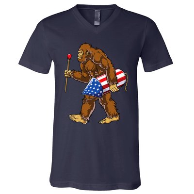 Bigfoot Fireworks 4th Of July Sasquatch American Flag Us V-Neck T-Shirt