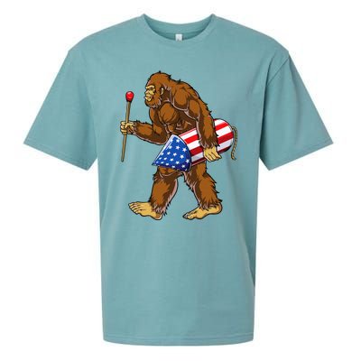 Bigfoot Fireworks 4th Of July Sasquatch American Flag Us Sueded Cloud Jersey T-Shirt