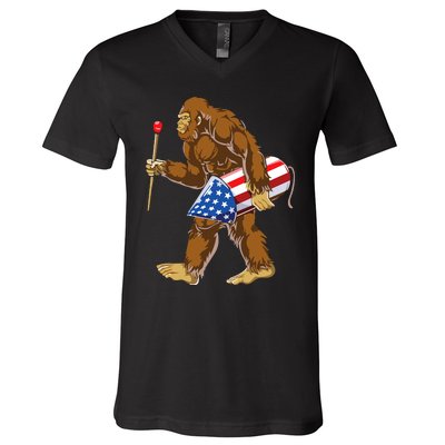 Bigfoot Fireworks 4th Of July V-Neck T-Shirt