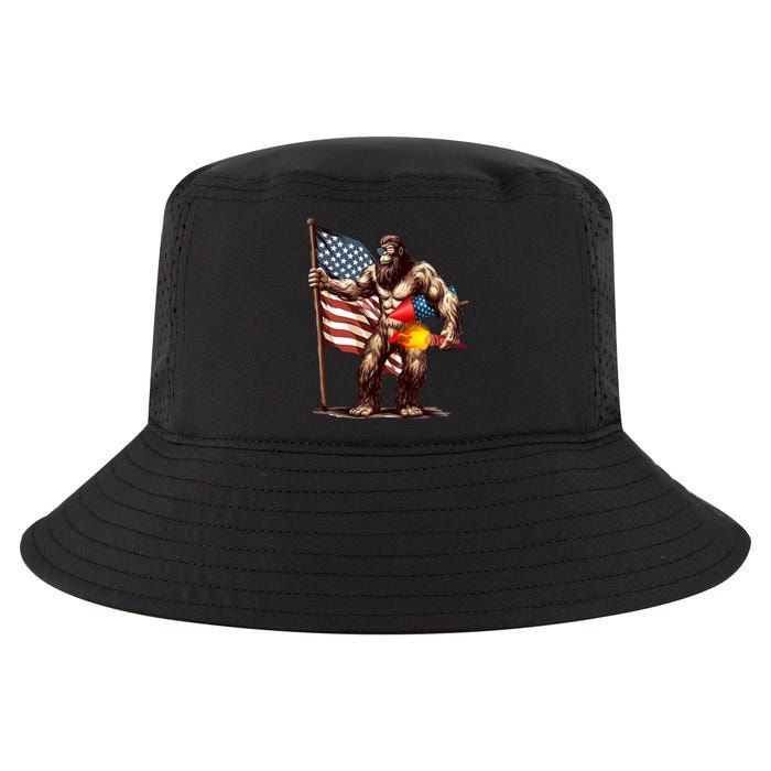 Bigfoot Fireworks 4th Of July Sasquatch American US Flag Cool Comfort Performance Bucket Hat