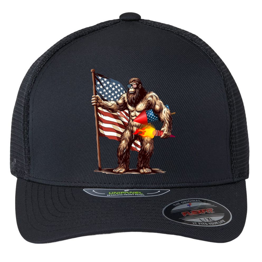 Bigfoot Fireworks 4th Of July Sasquatch American US Flag Flexfit Unipanel Trucker Cap