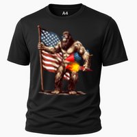 Bigfoot Fireworks 4th Of July Sasquatch American US Flag Cooling Performance Crew T-Shirt