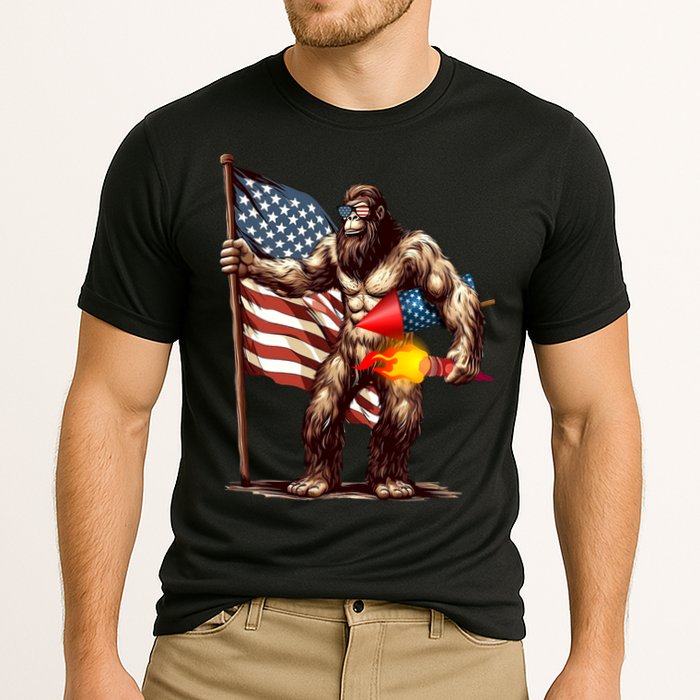 Bigfoot Fireworks 4th Of July Sasquatch American US Flag Cooling Performance Crew T-Shirt