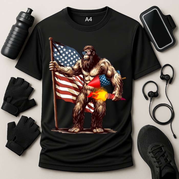Bigfoot Fireworks 4th Of July Sasquatch American US Flag Cooling Performance Crew T-Shirt