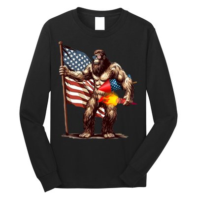 Bigfoot Fireworks 4th Of July Sasquatch American US Flag Long Sleeve Shirt