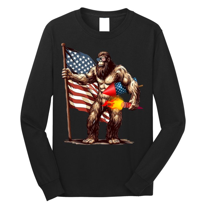 Bigfoot Fireworks 4th Of July Sasquatch American US Flag Long Sleeve Shirt