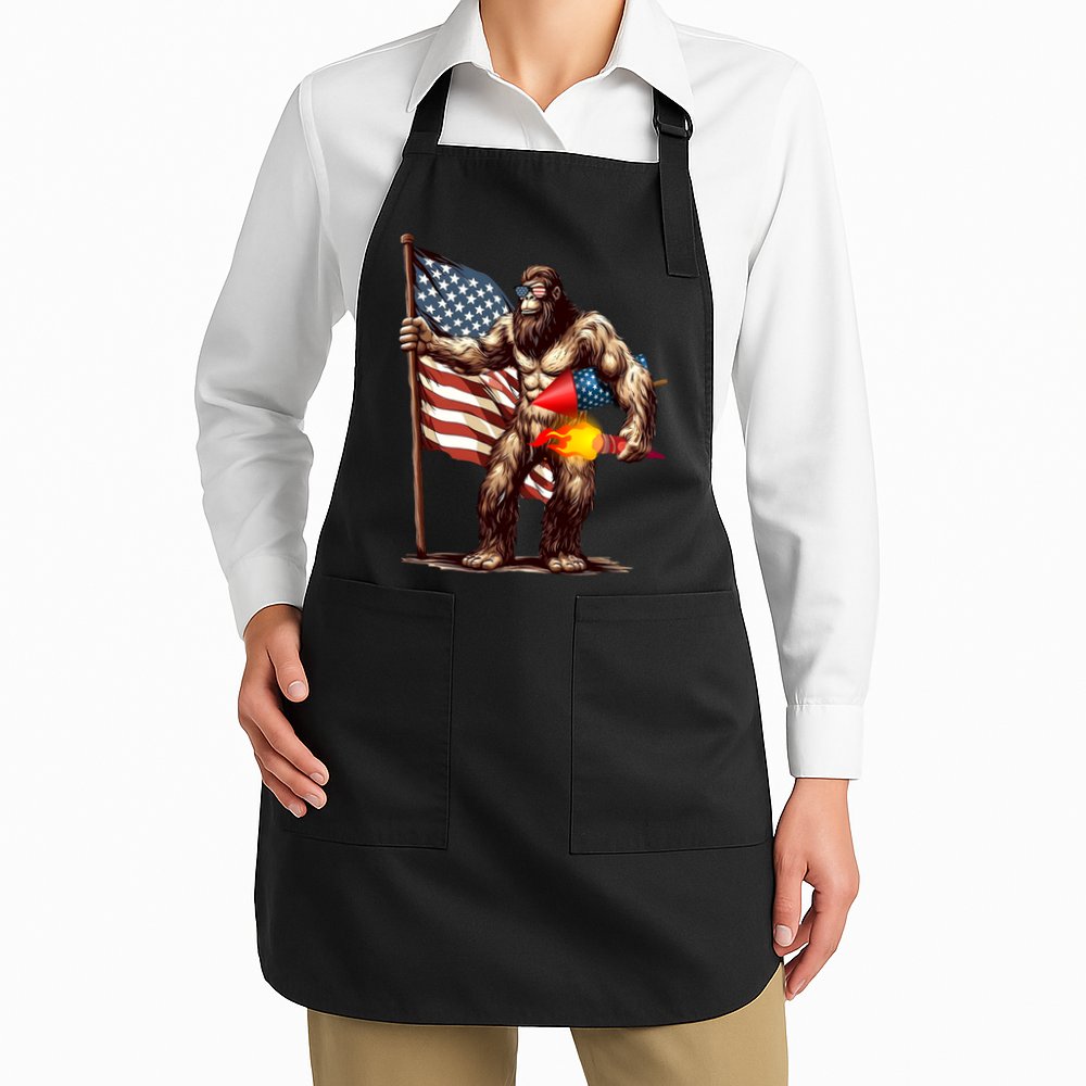 Bigfoot Fireworks 4th Of July Sasquatch American US Flag Apron