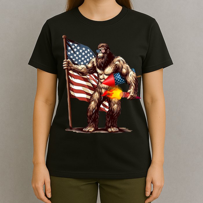 Bigfoot Fireworks 4th Of July Sasquatch American US Flag T-Shirt