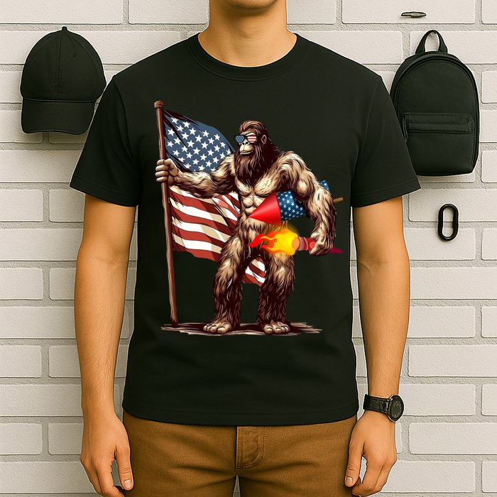 Bigfoot Fireworks 4th Of July Sasquatch American US Flag T-Shirt
