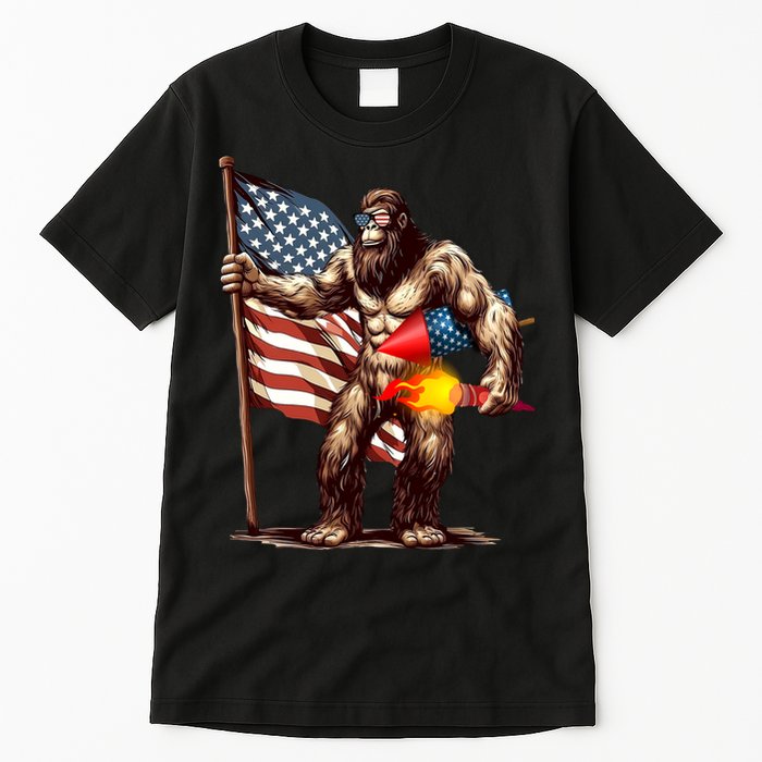 Bigfoot Fireworks 4th Of July Sasquatch American US Flag Tall T-Shirt