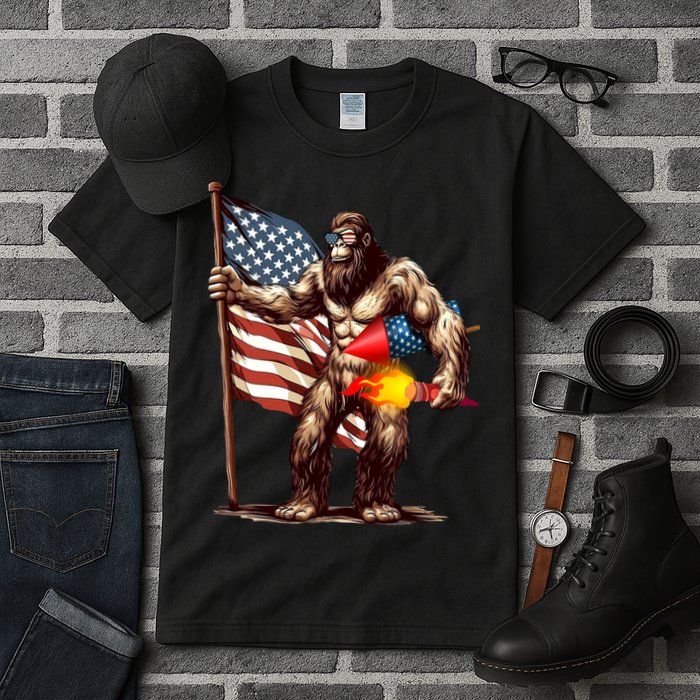 Bigfoot Fireworks 4th Of July Sasquatch American US Flag Tall T-Shirt