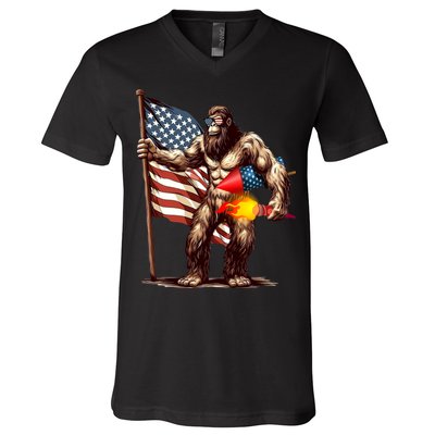 Bigfoot Fireworks 4th Of July Sasquatch American US Flag V-Neck T-Shirt