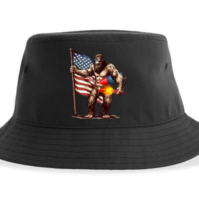 Bigfoot Fireworks 4th Of July Sasquatch American US Flag Sustainable Bucket Hat