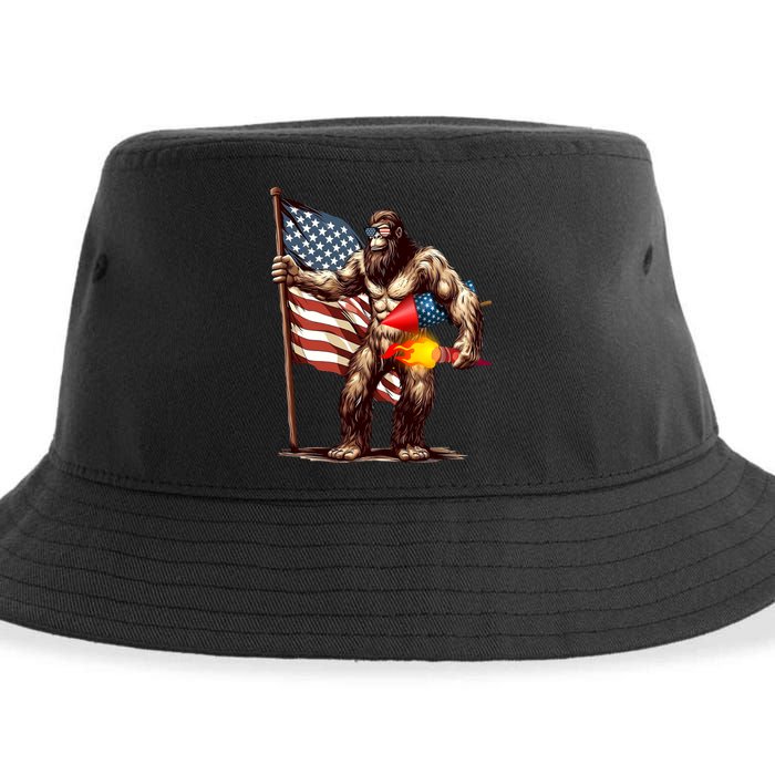 Bigfoot Fireworks 4th Of July Sasquatch American US Flag Sustainable Bucket Hat