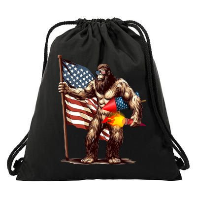Bigfoot Fireworks 4th Of July Sasquatch American US Flag Drawstring Bag
