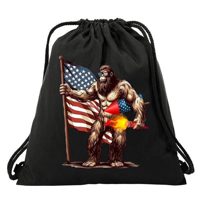 Bigfoot Fireworks 4th Of July Sasquatch American US Flag Drawstring Bag