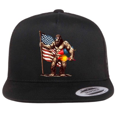 Bigfoot Fireworks 4th Of July Sasquatch American US Flag Flat Bill Trucker Hat