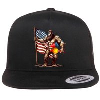 Bigfoot Fireworks 4th Of July Sasquatch American US Flag Flat Bill Trucker Hat