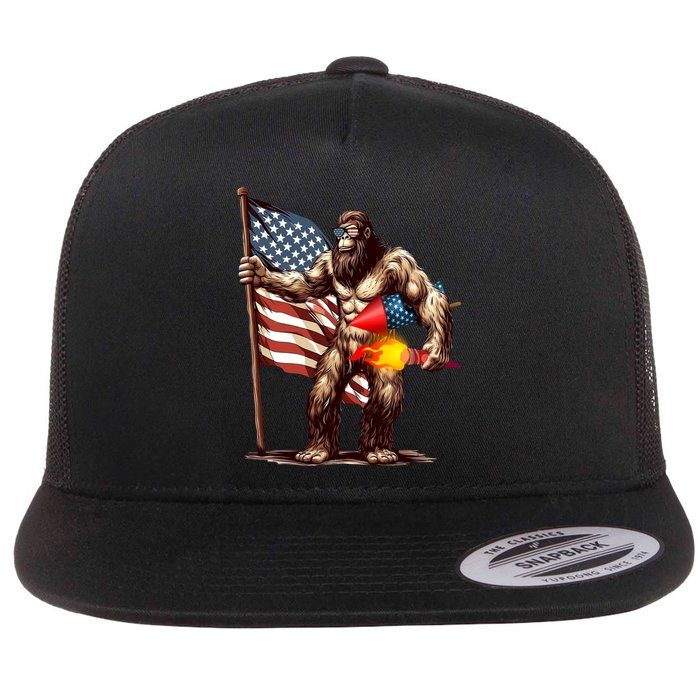 Bigfoot Fireworks 4th Of July Sasquatch American US Flag Flat Bill Trucker Hat