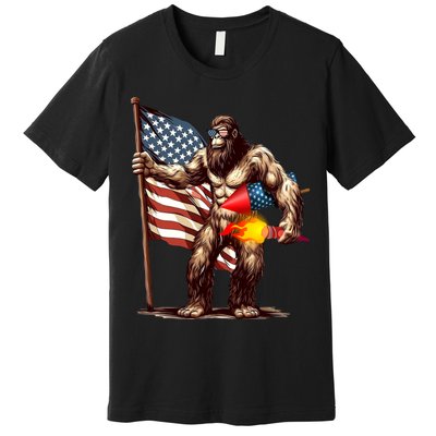 Bigfoot Fireworks 4th Of July Sasquatch American US Flag Premium T-Shirt