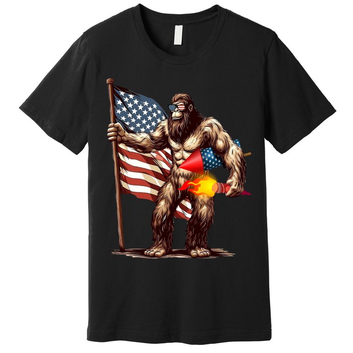 Bigfoot Fireworks 4th Of July Sasquatch American US Flag Premium T-Shirt
