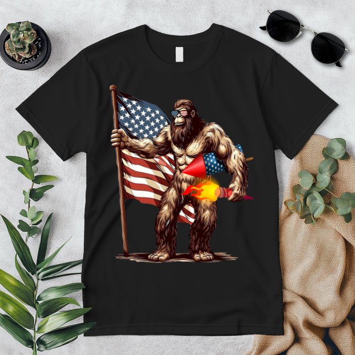 Bigfoot Fireworks 4th Of July Sasquatch American US Flag Premium T-Shirt