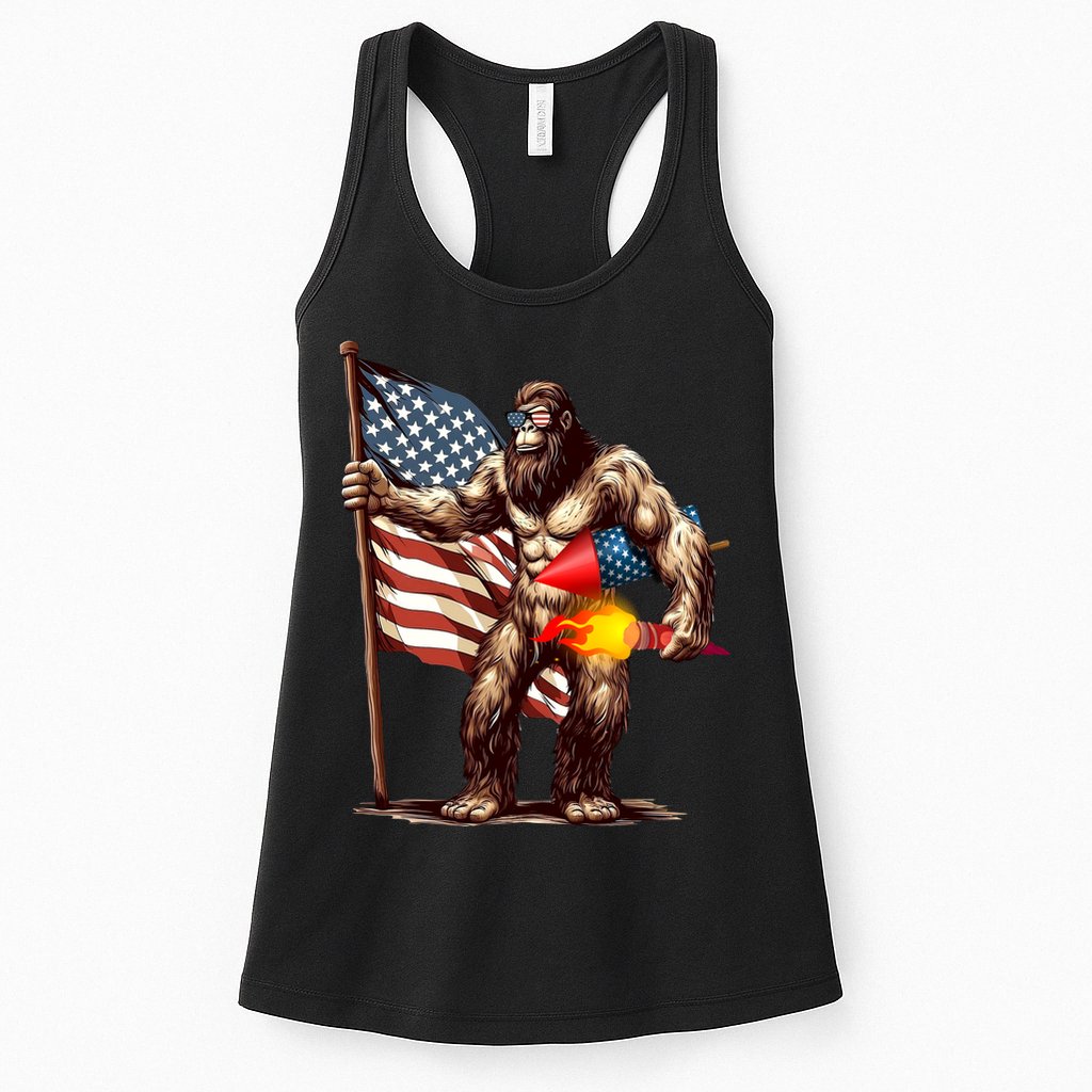 Bigfoot Fireworks 4th Of July Sasquatch American US Flag Womens Tank Top