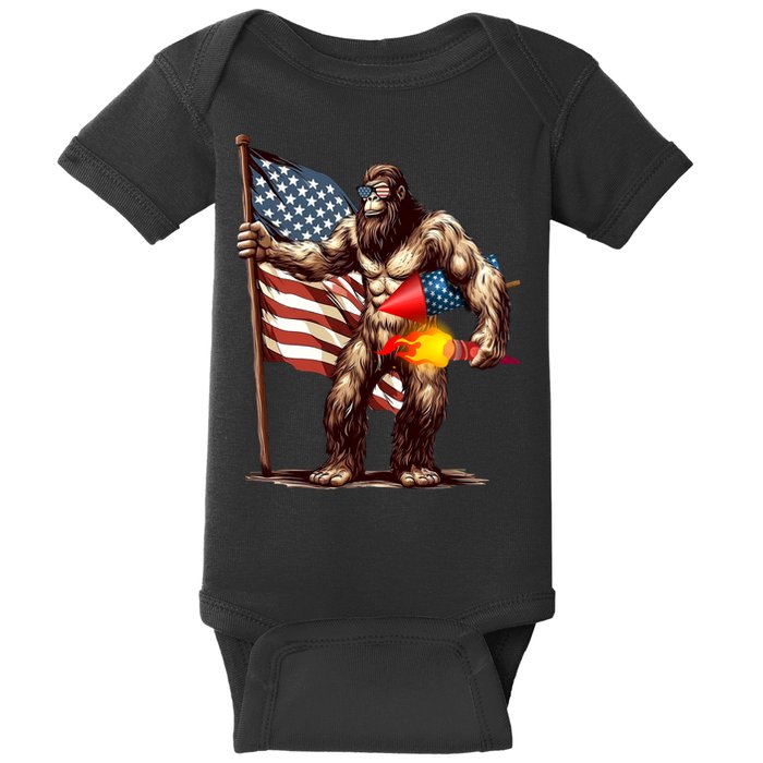 Bigfoot Fireworks 4th Of July Sasquatch American US Flag Baby Bodysuit