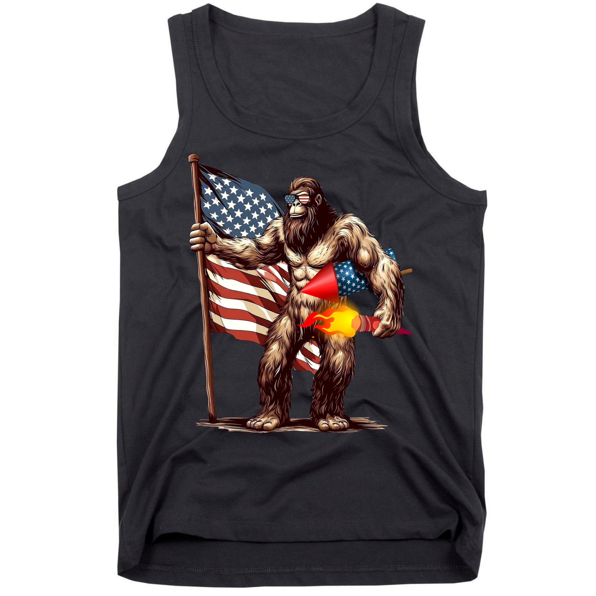 Bigfoot Fireworks 4th Of July Sasquatch American US Flag Tank Top