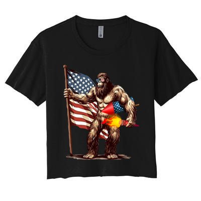 Bigfoot Fireworks 4th Of July Sasquatch American US Flag Women's Crop Top Tee