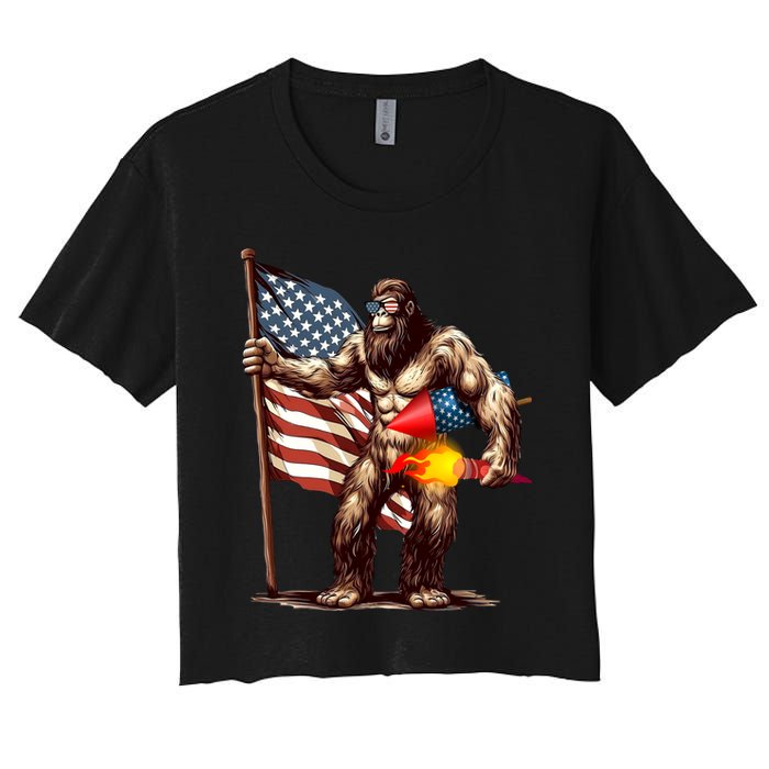 Bigfoot Fireworks 4th Of July Sasquatch American US Flag Women's Crop Top Tee