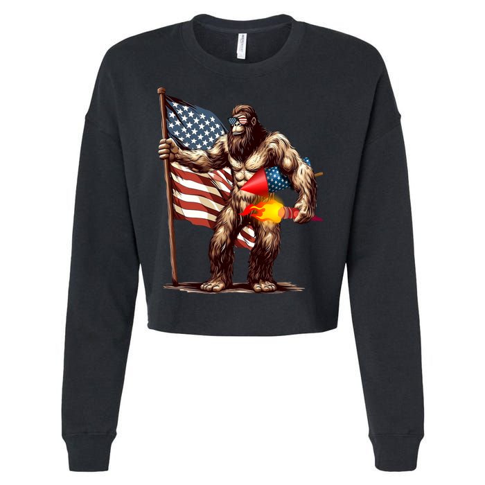 Bigfoot Fireworks 4th Of July Sasquatch American US Flag Cropped Pullover Crew