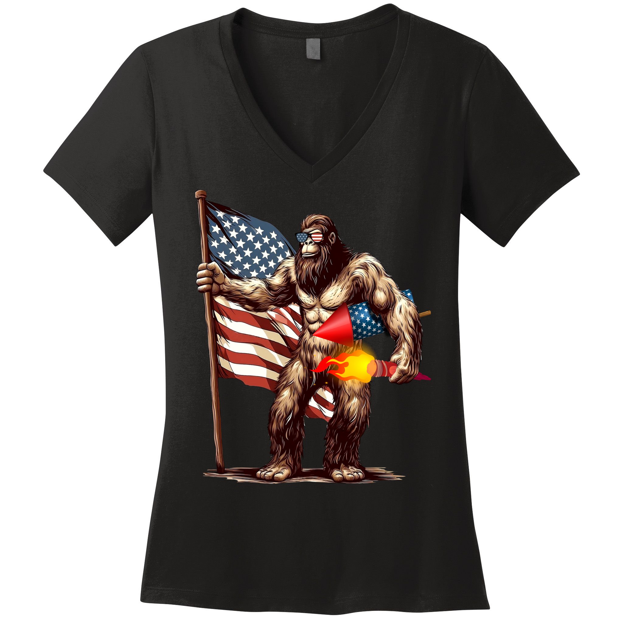 Bigfoot Fireworks 4th Of July Sasquatch American US Flag Women's V-Neck T-Shirt
