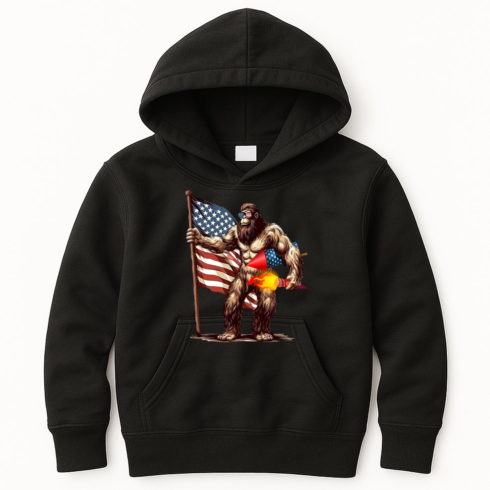 Bigfoot Fireworks 4th Of July Sasquatch American US Flag Kids Hoodie