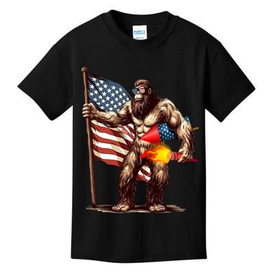 Bigfoot Fireworks 4th Of July Sasquatch American US Flag Kids T-Shirt