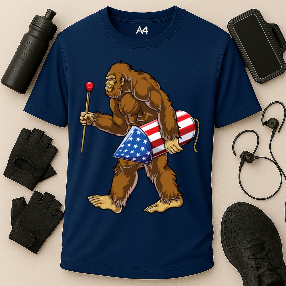 Bigfoot Fireworks 4th Of July Funny Boys Men Sasquatch Lover Performance Shirt