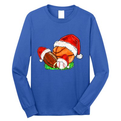 Baseball Football And Basketball With Santa Hats Xmas Funny Gift Long Sleeve Shirt