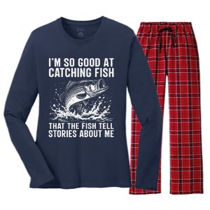 Bass Fishing Angler Funny Fisherman Catching Fish Women's Long Sleeve Flannel Pajama Set 